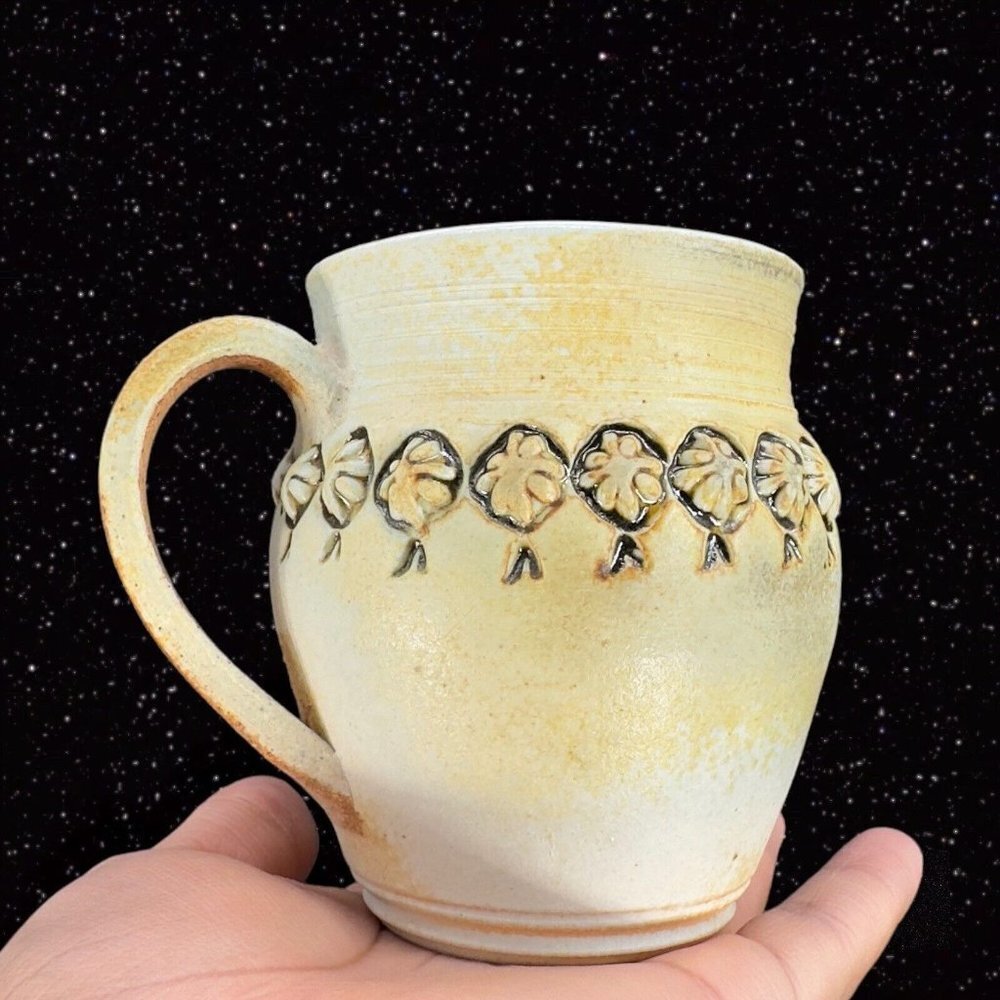 Hand Made Stoneware Coffee Cup Mug Hand Crafted Signed‎ Textured Flowers Decor